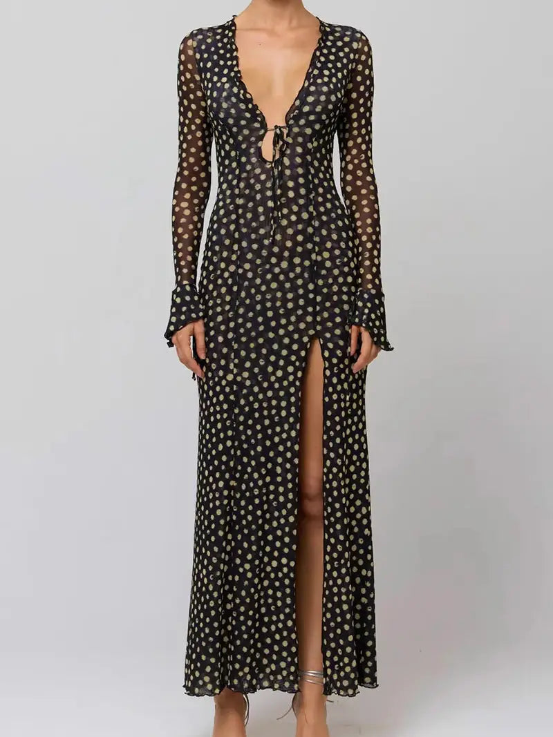 Remi B Polka Dot Maxi Dress with Front Slit