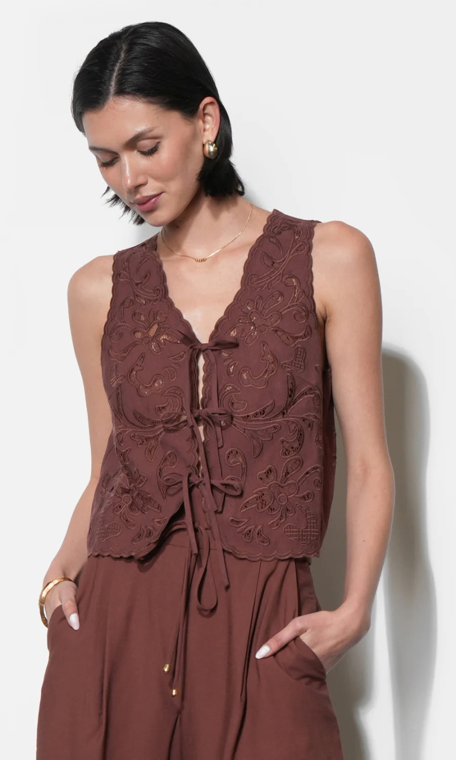 Greylin Faye Embroidered Tie Front Vest