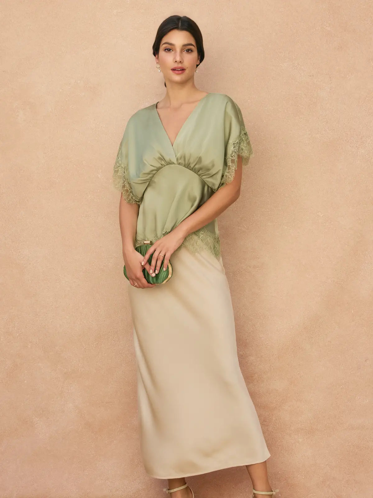Forum Satin Lace V Neck Blouson Top