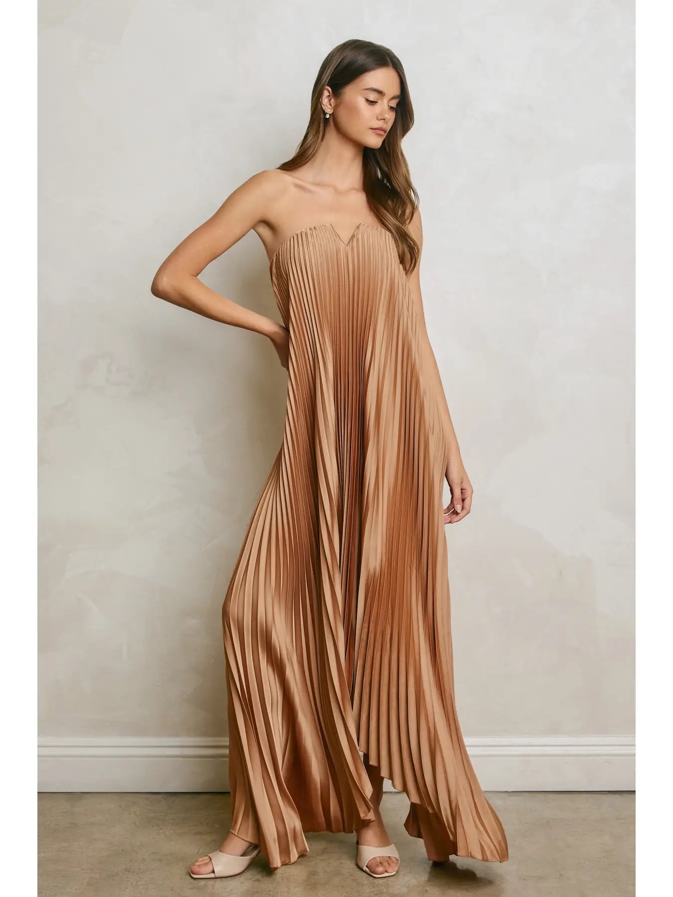 Forum Satin Strapless Pleated Maxi Column Dress