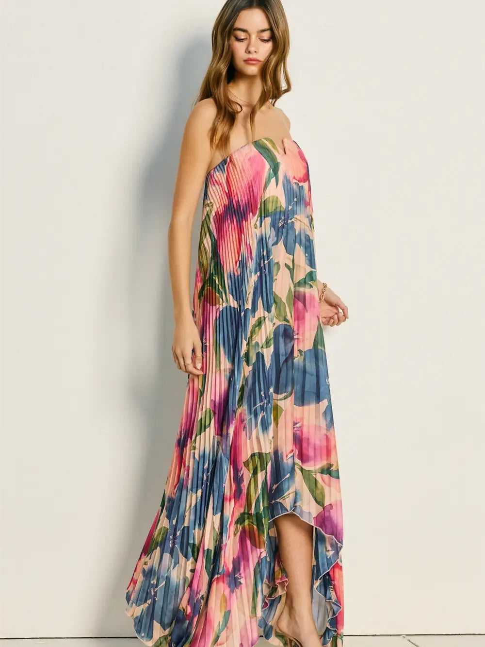 Remi B Floral Strapless Pleated Maxi Column Dress