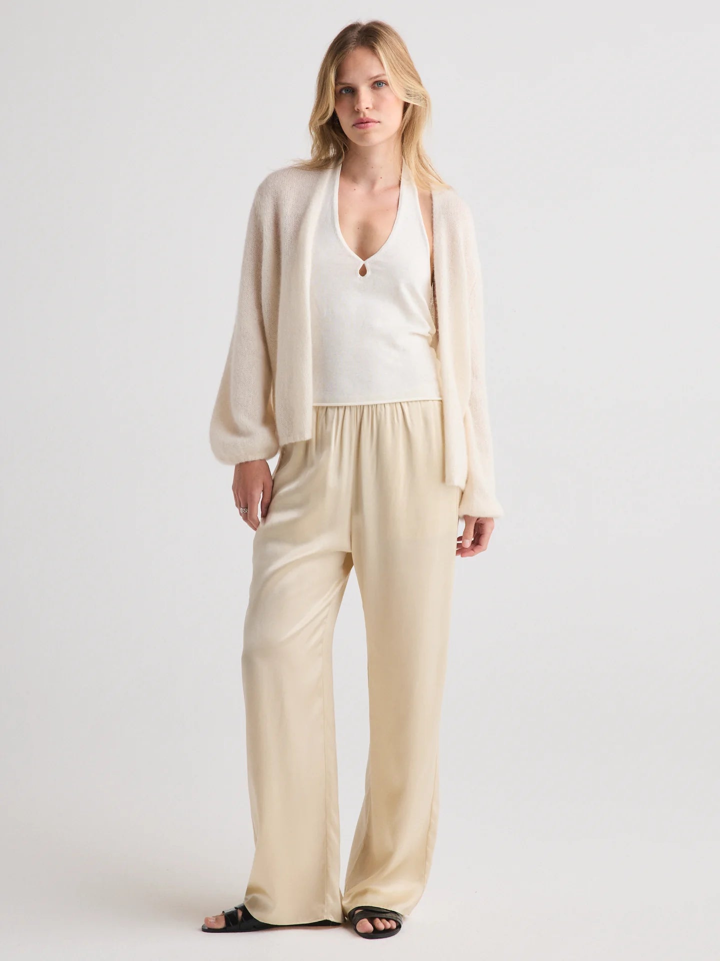 W Cashmere JUNIPER Balloon-sleeve Open Cardigan