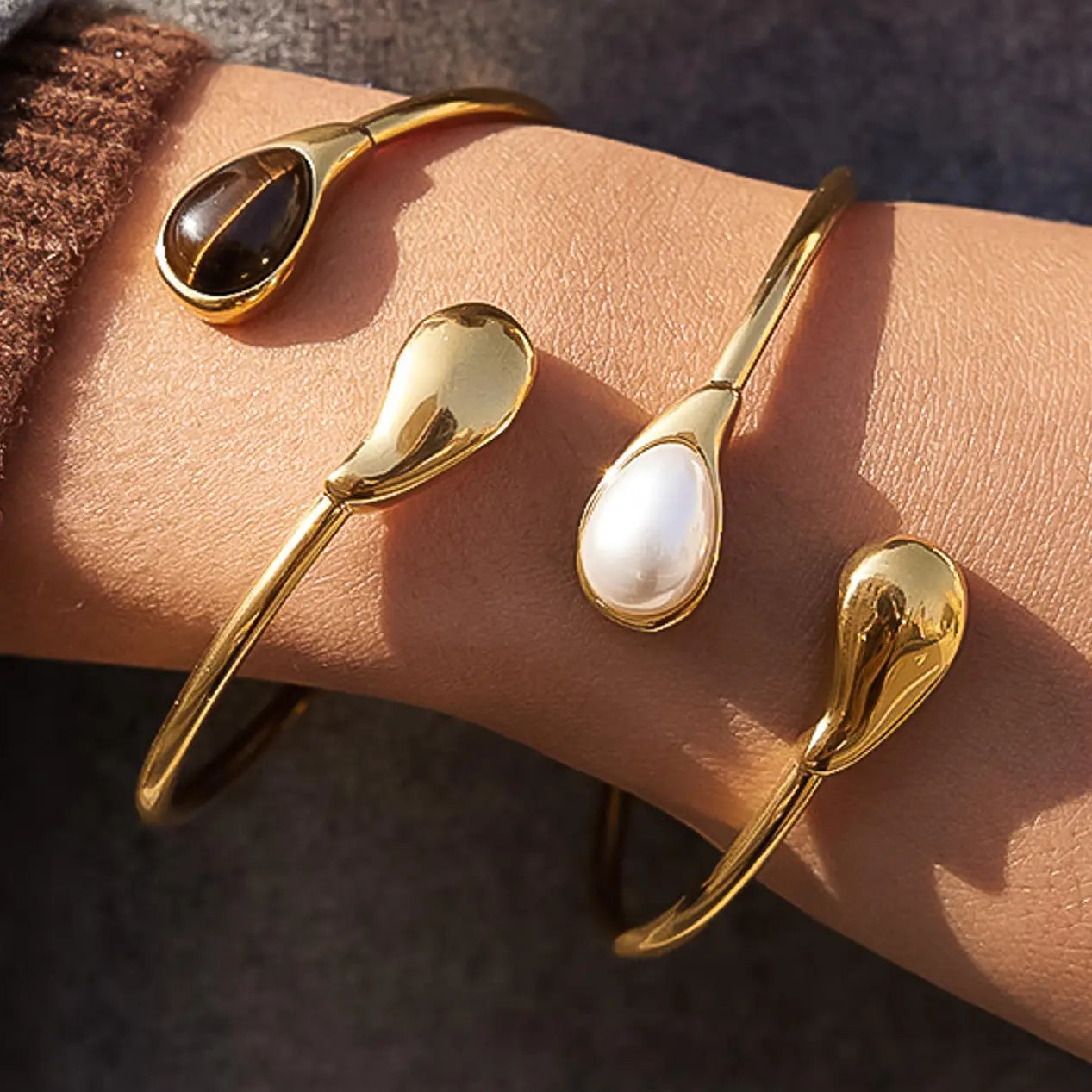 Flanerie Harbor 18K Gold Non-Tarnish Open Cuff Stone Bracelet