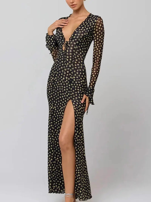 Remi B Polka Dot Maxi Dress with Front Slit