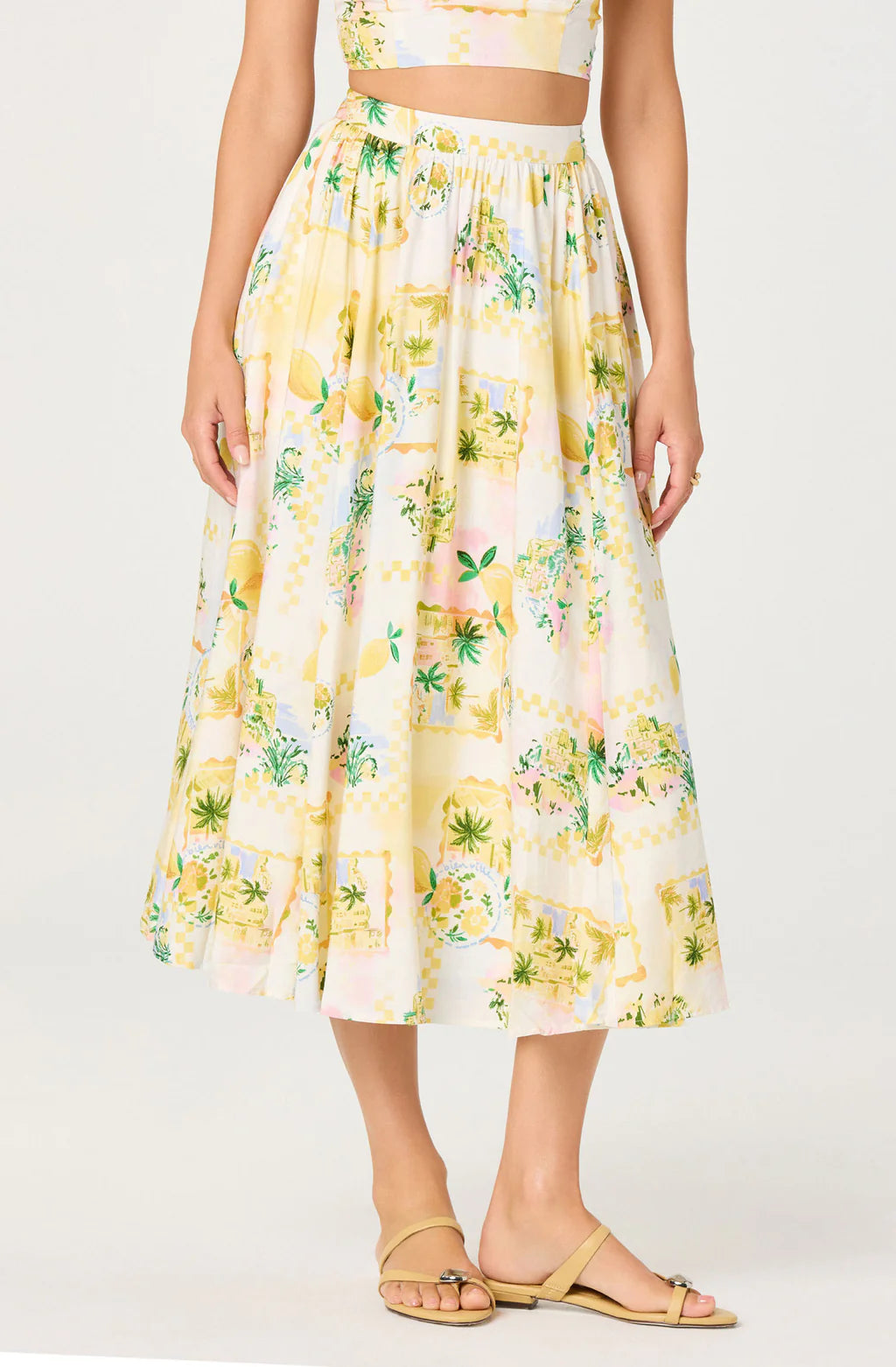 ASTR Kaleigh Paradise Print Gathered Midi Skirt