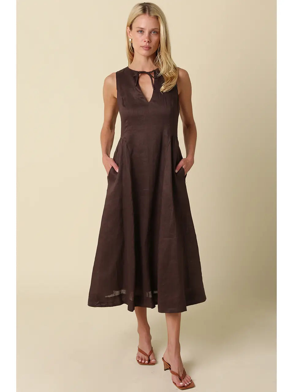 Barb Tie Neck Linen Midi Dress