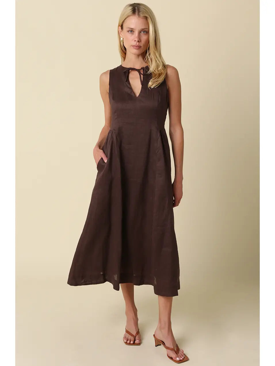 Barb Tie Neck Linen Midi Dress