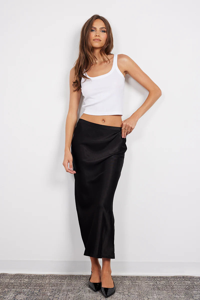 Bobi Seamed Bias Satin Midi Skirt