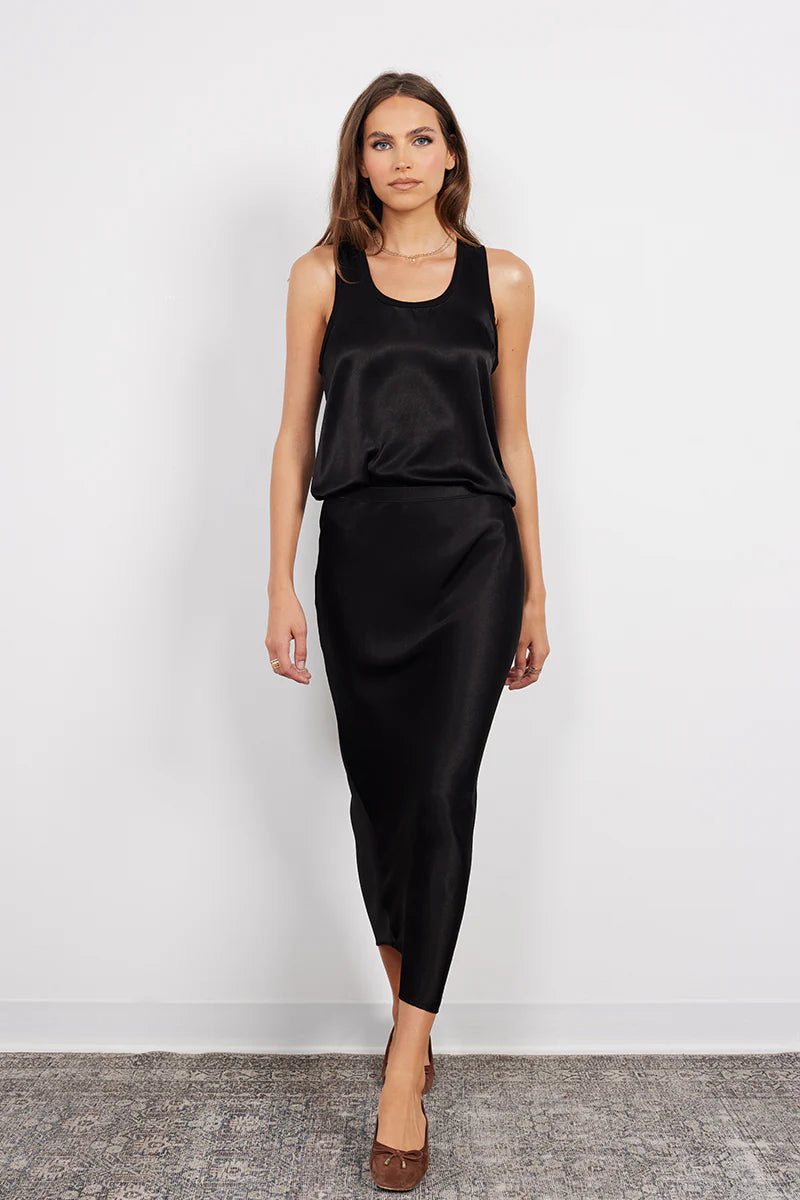 Bobi Seamed Bias Satin Midi Skirt