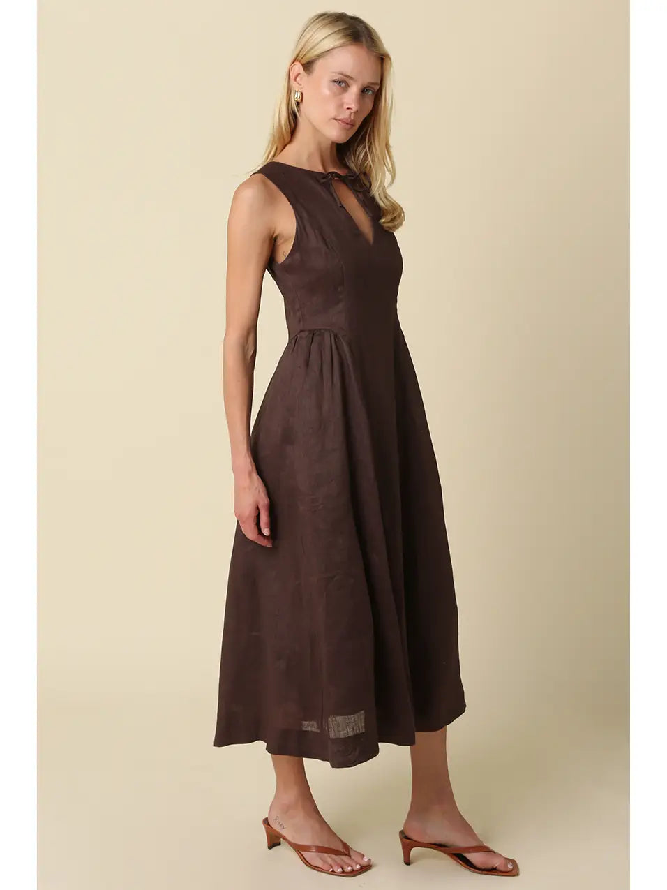 Barb Tie Neck Linen Midi Dress
