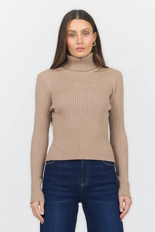 Dear John Ribbed L/S Turtleneck Sweater Beige
