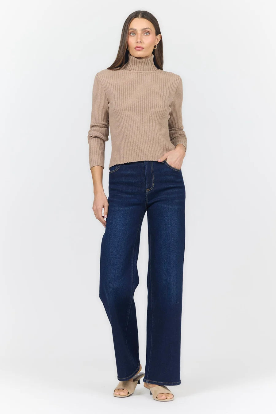 Dear John Ribbed L/S Turtleneck Sweater Beige