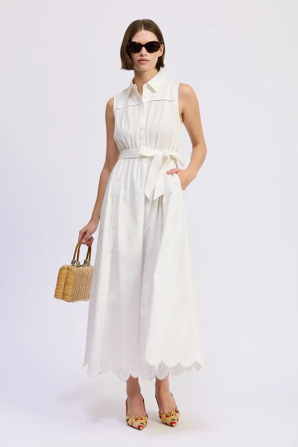 En Saison Ladder Trim Button Front Slit Sleeveless Belted Maxi Dress