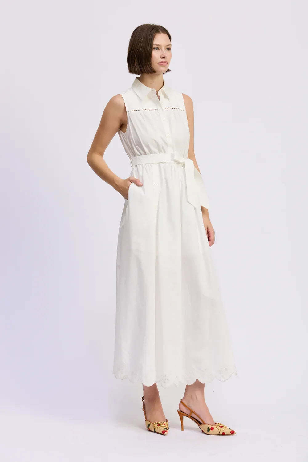 En Saison Ladder Trim Button Front Slit Sleeveless Belted Maxi Dress