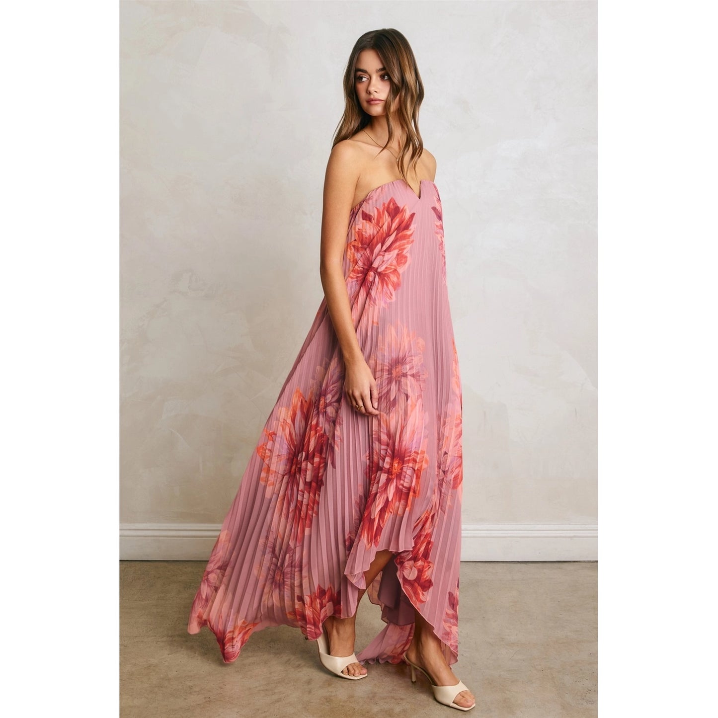 Forum Floral Strapless Pleated Maxi Column Dress