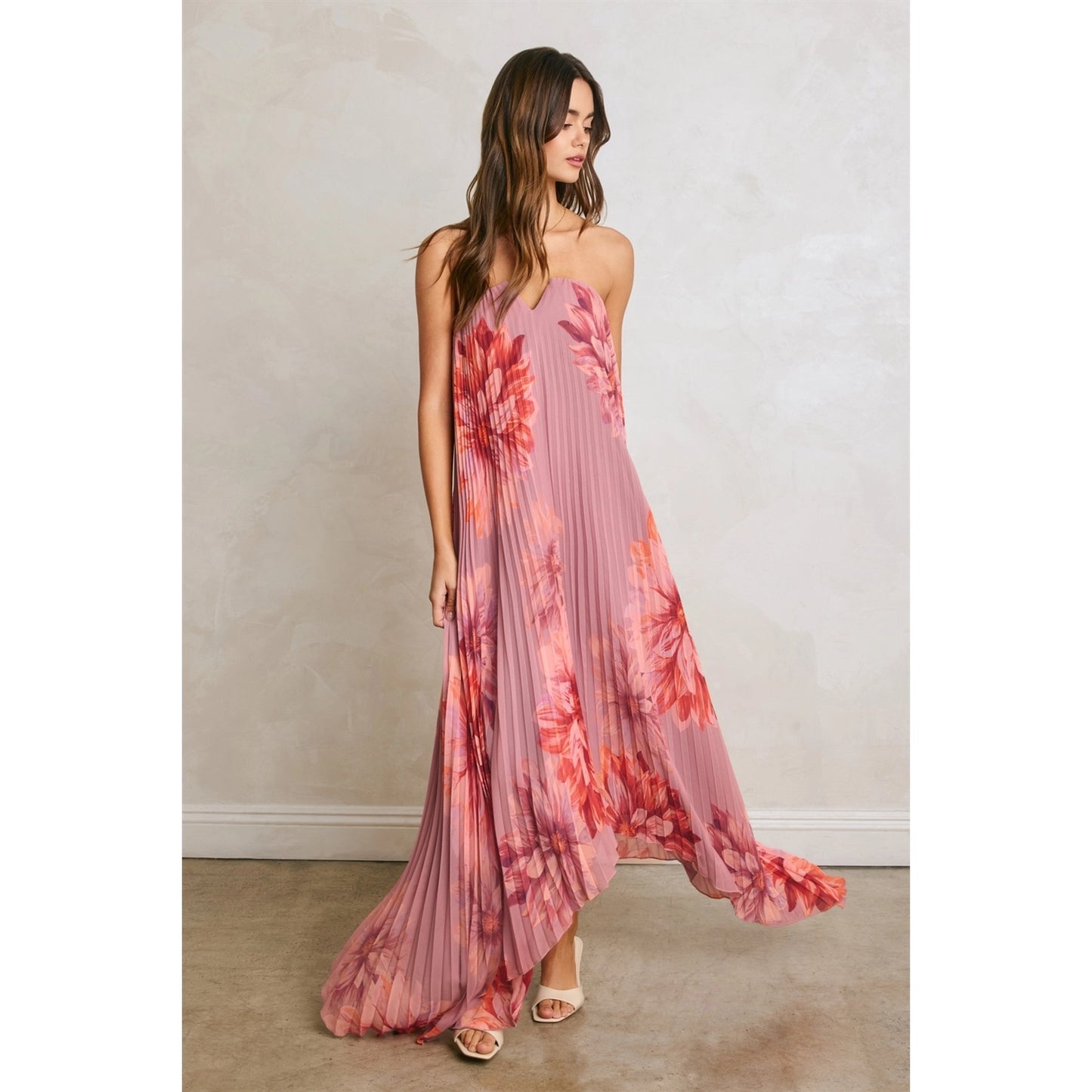 Forum Floral Strapless Pleated Maxi Column Dress