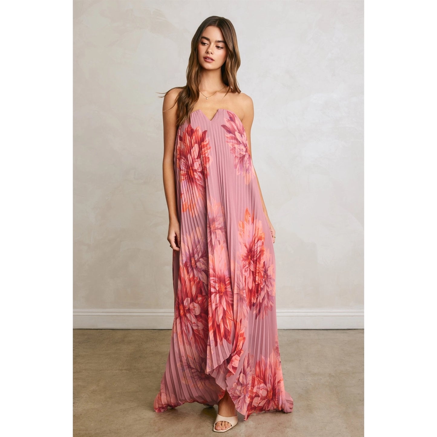 Forum Floral Strapless Pleated Maxi Column Dress