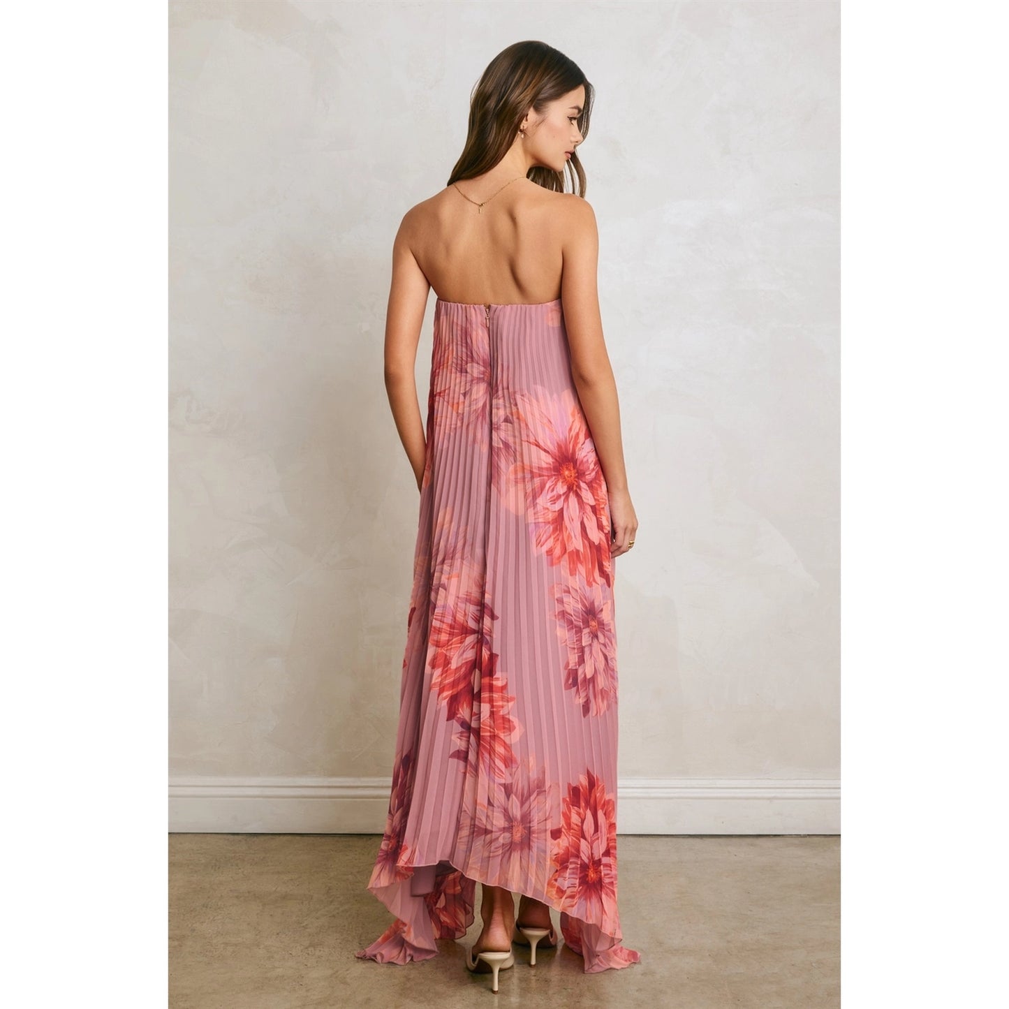 Forum Floral Strapless Pleated Maxi Column Dress