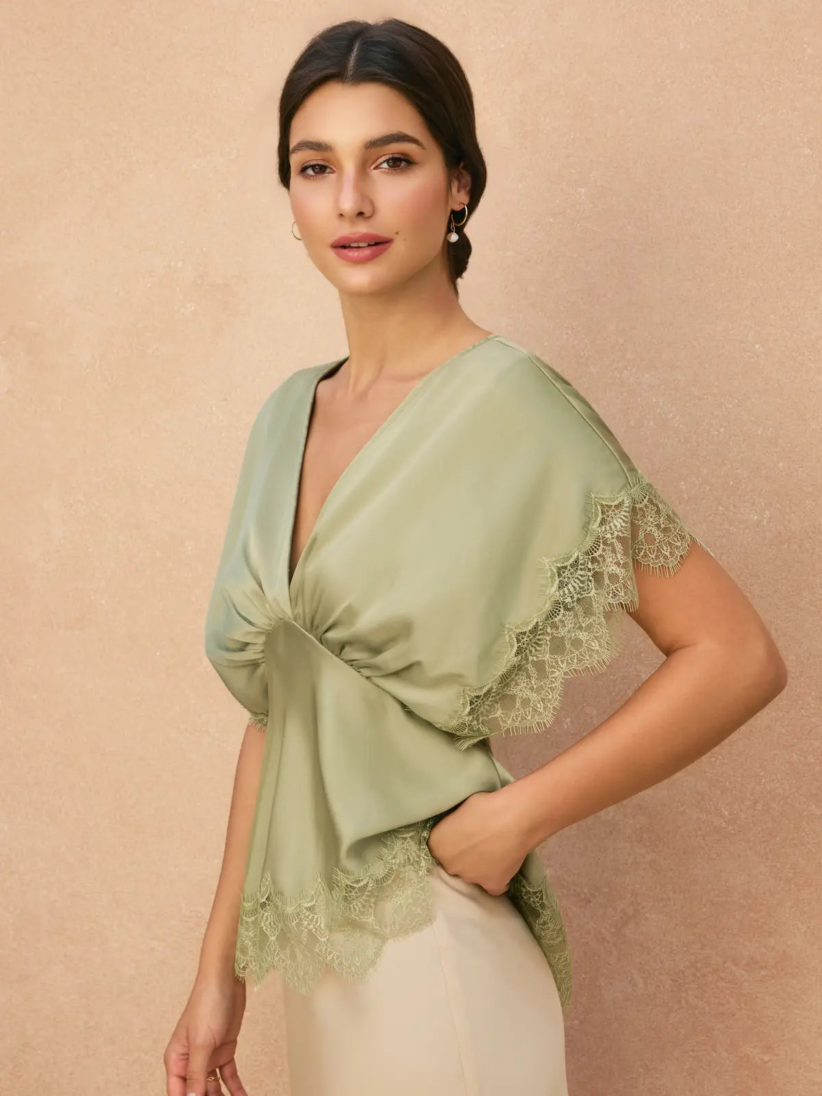 Forum Satin Lace V Neck Blouson Top