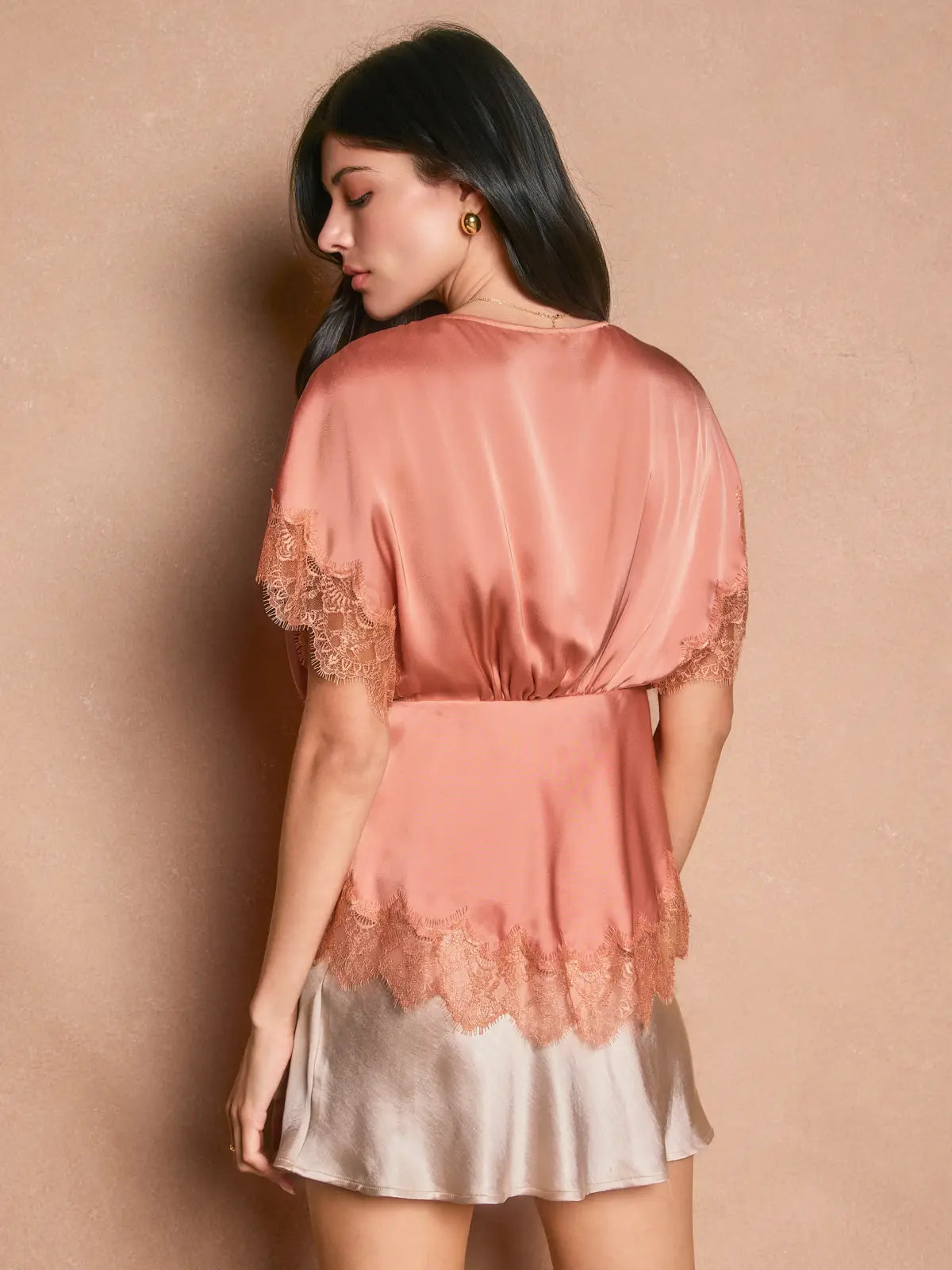 Forum Satin Lace V Neck Blouson Top