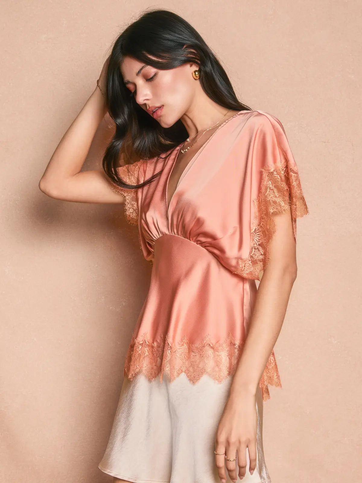 Forum Satin Lace V Neck Blouson Top