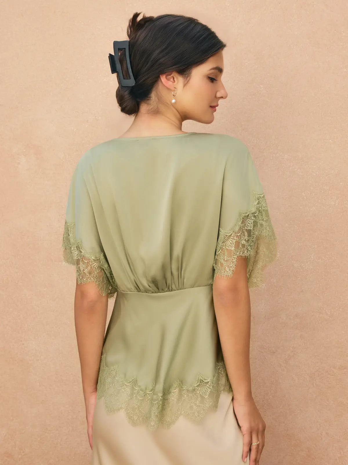 Forum Satin Lace V Neck Blouson Top