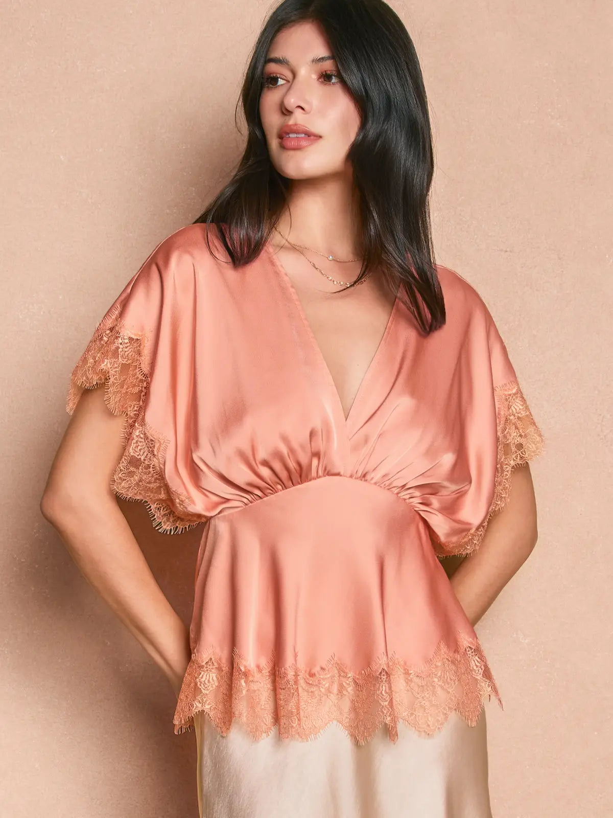 Forum Satin Lace V Neck Blouson Top