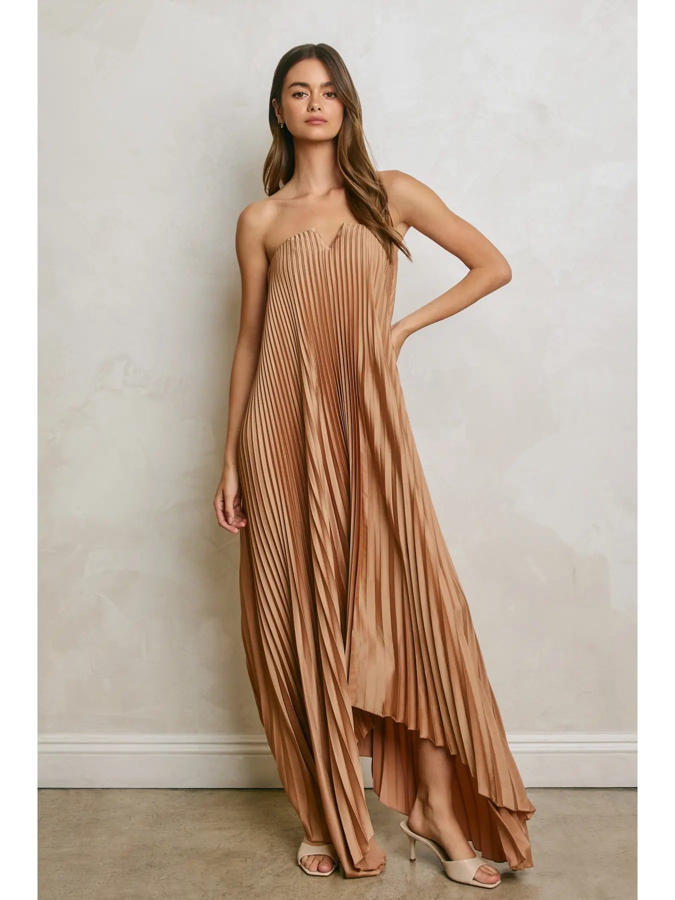 Forum Satin Strapless Pleated Maxi Column Dress