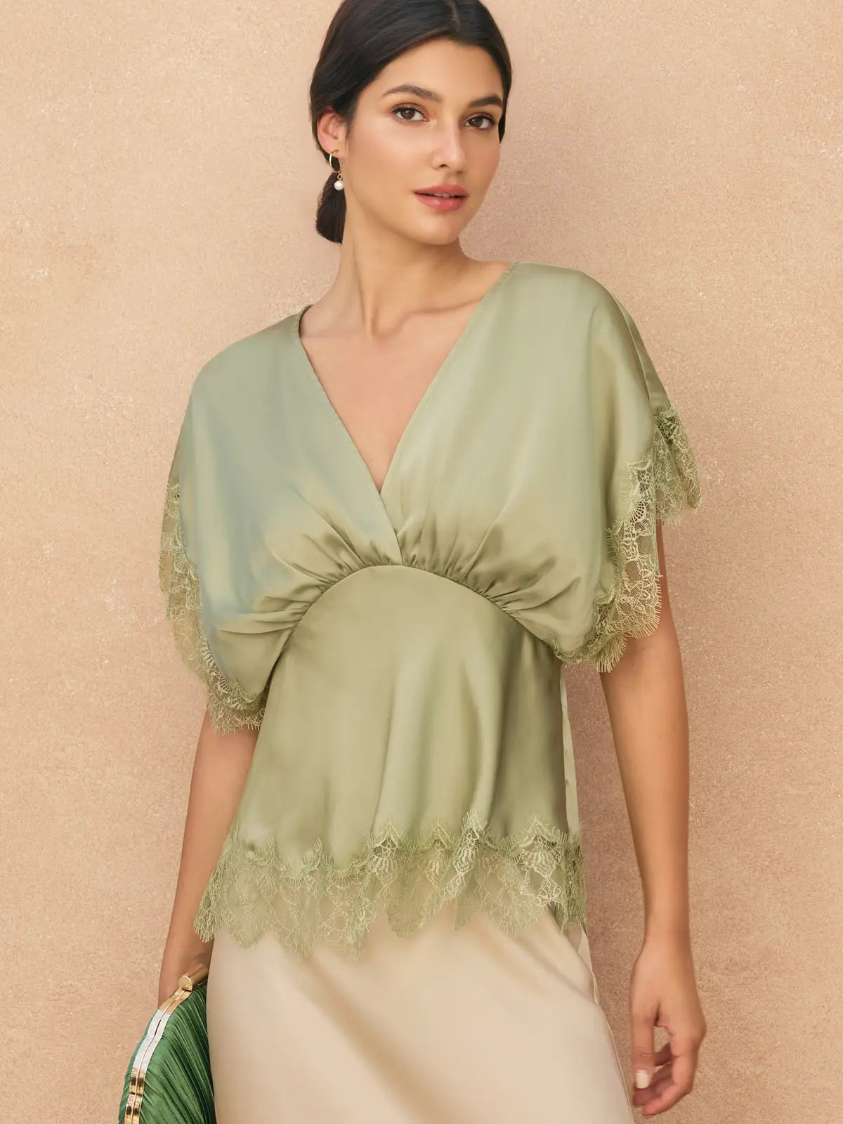 Forum Satin Lace V Neck Blouson Top