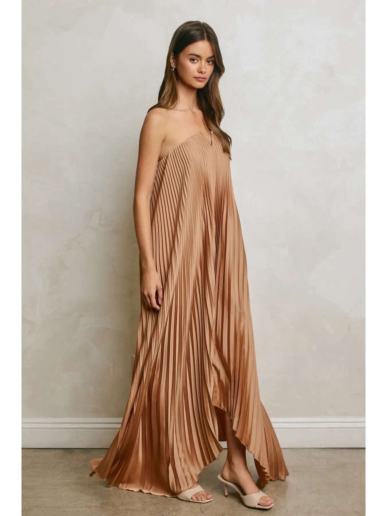 Forum Satin Strapless Pleated Maxi Column Dress
