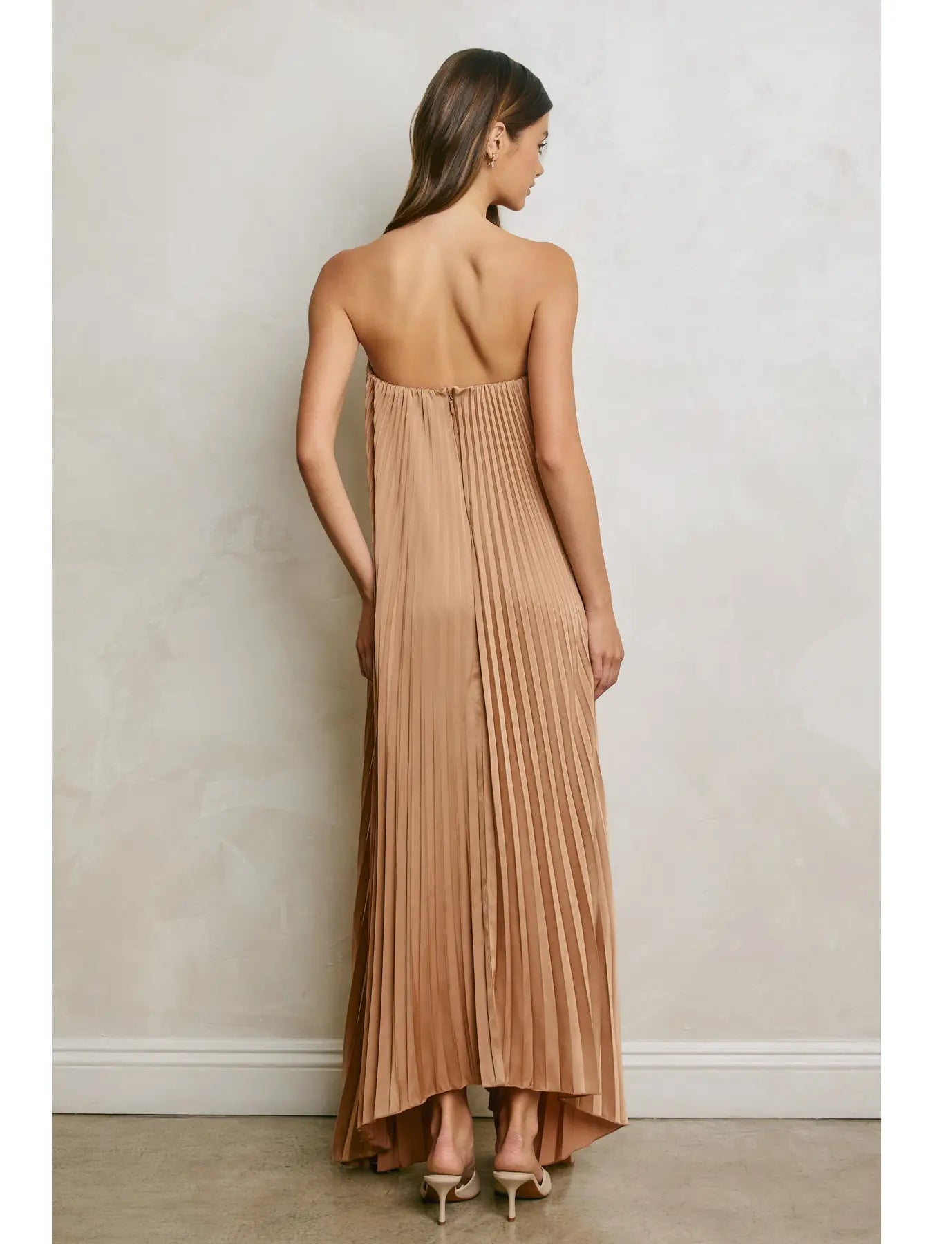 Forum Satin Strapless Pleated Maxi Column Dress
