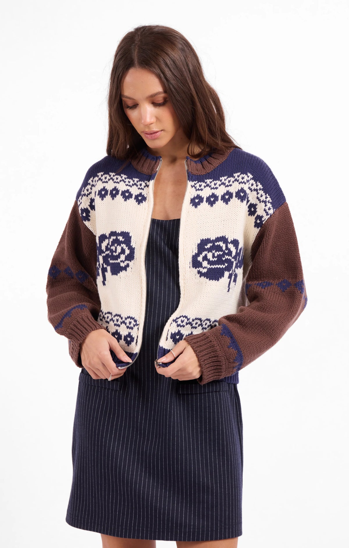 Sage The Label Sweet Rose Jacquard Zip Sweater Jacket