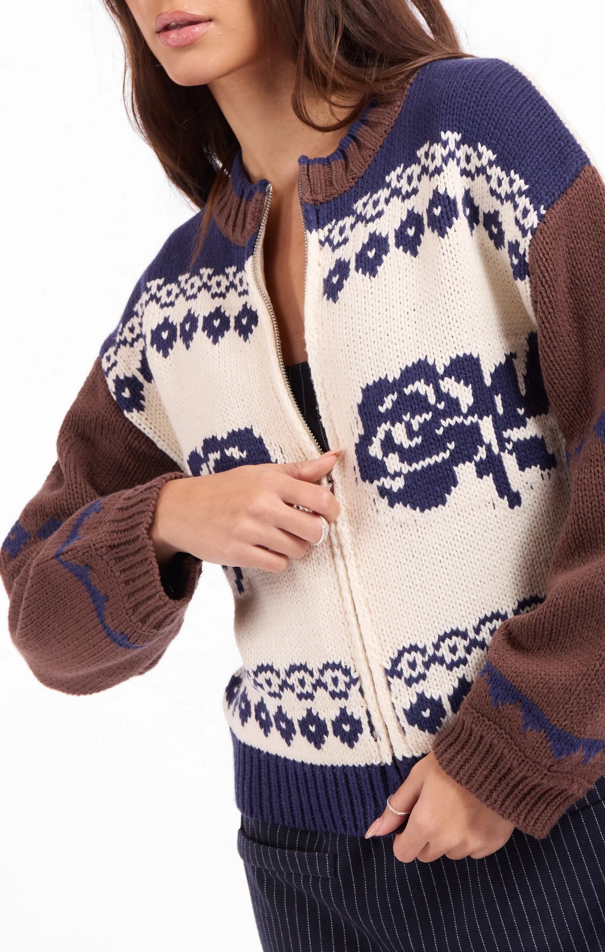 Sage The Label Sweet Rose Jacquard Zip Sweater Jacket