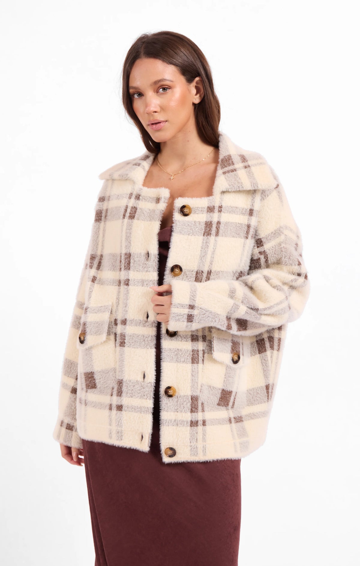Sage The Label Lola Plaid Button Down Coat Jacket