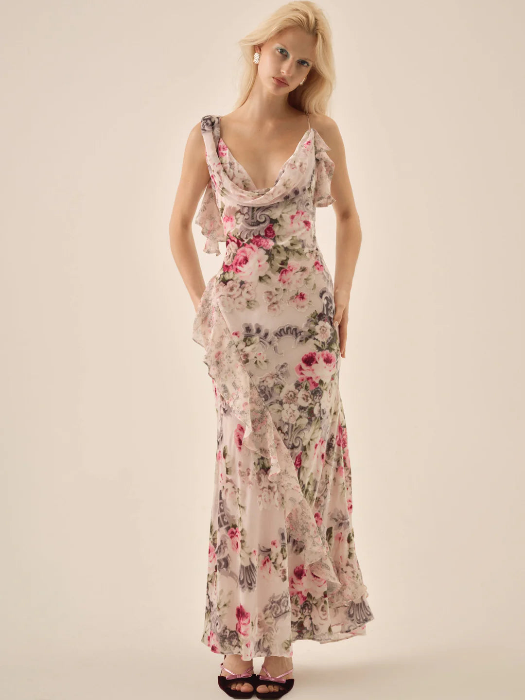 For Love & Lemons Nora Cowl Neck Floral Maxi Dress
