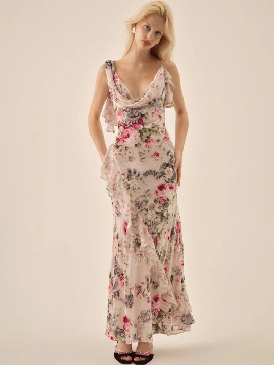For Love & Lemons Nora Cowl Neck Floral Maxi Dress