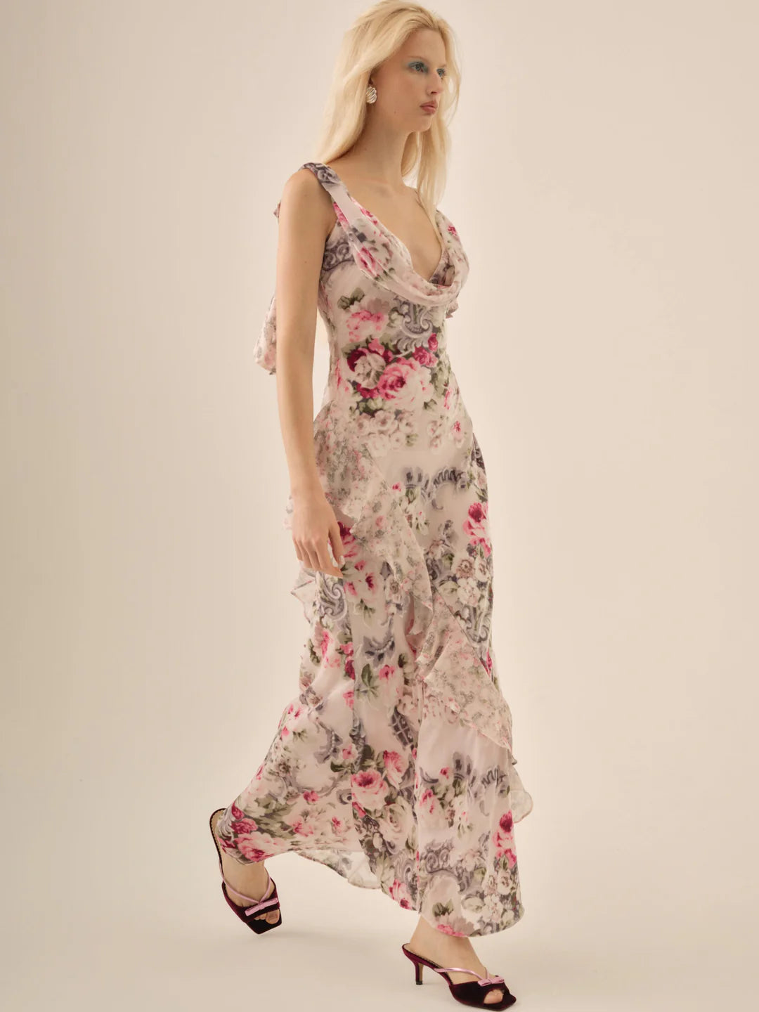 For Love & Lemons Nora Cowl Neck Floral Maxi Dress