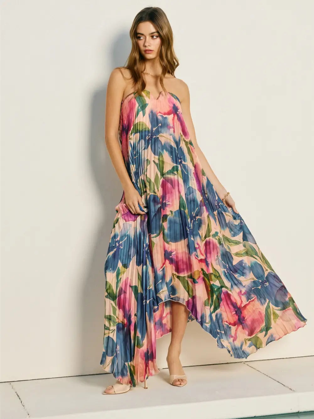 Remi B Floral Strapless Pleated Maxi Column Dress