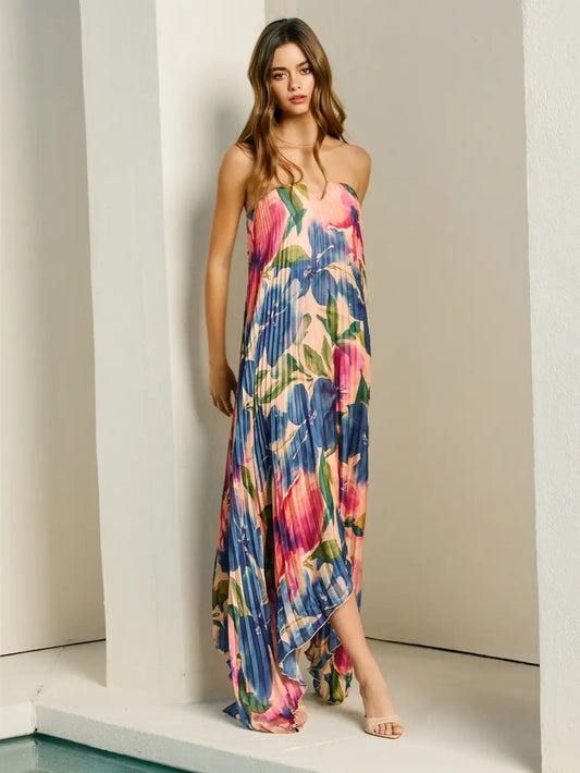 Remi B Floral Strapless Pleated Maxi Column Dress