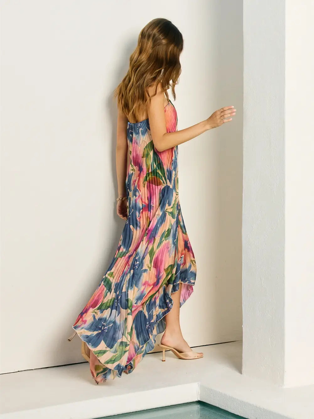 Remi B Floral Strapless Pleated Maxi Column Dress