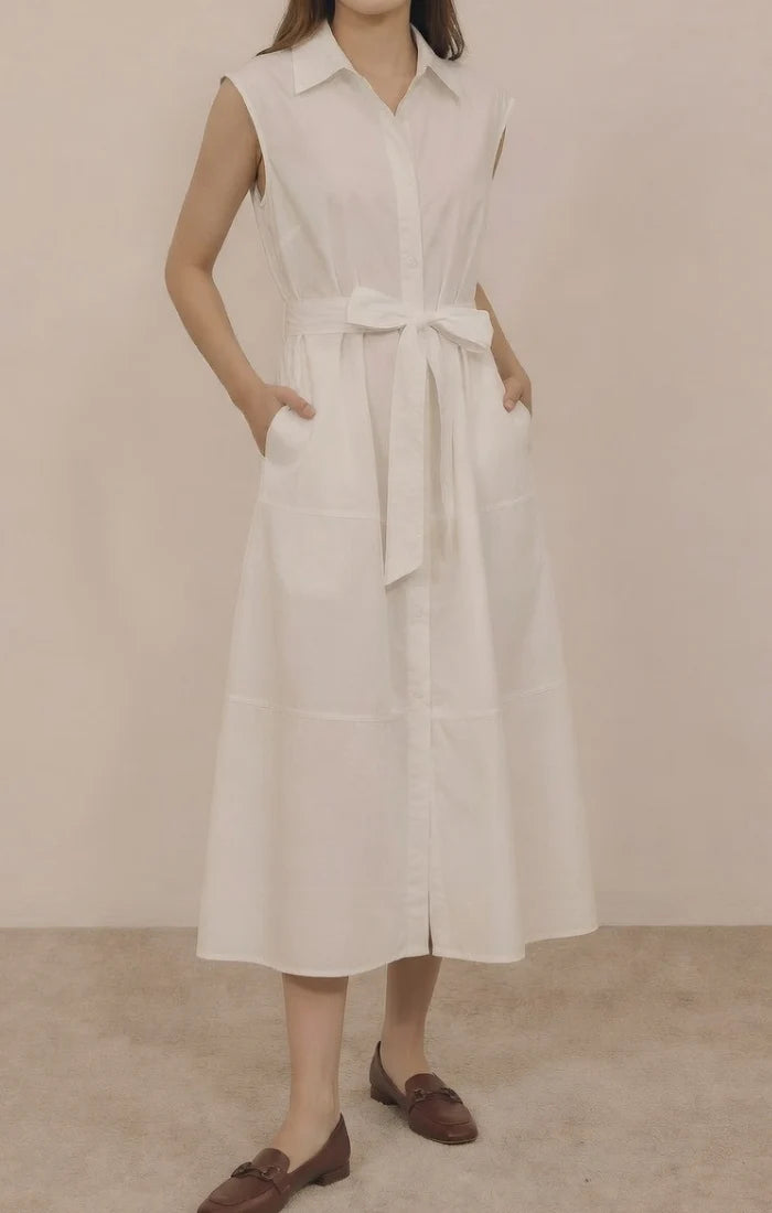 Reset Smocked Collared Tie Waist Midi Dress