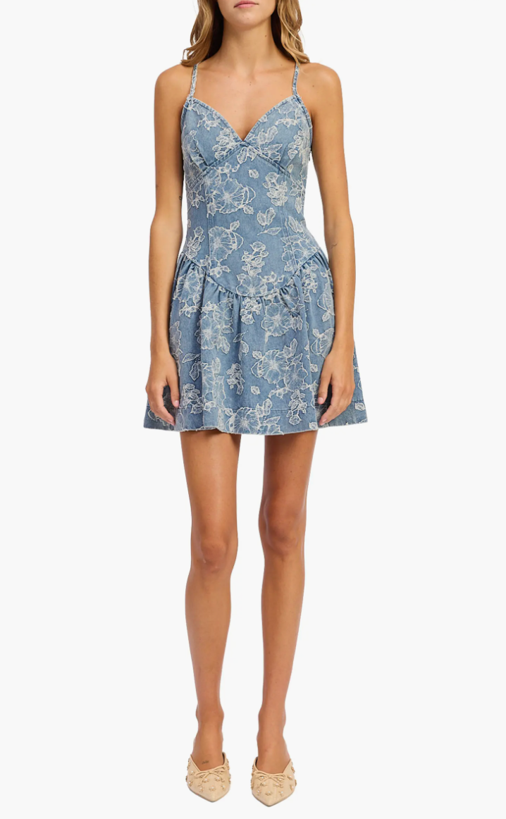 En Saison Basque Drop Waist X-Back Floral Denim Mini Dress