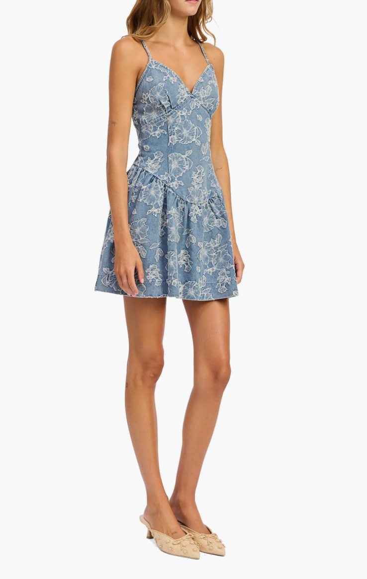 En Saison Basque Drop Waist X-Back Floral Denim Mini Dress