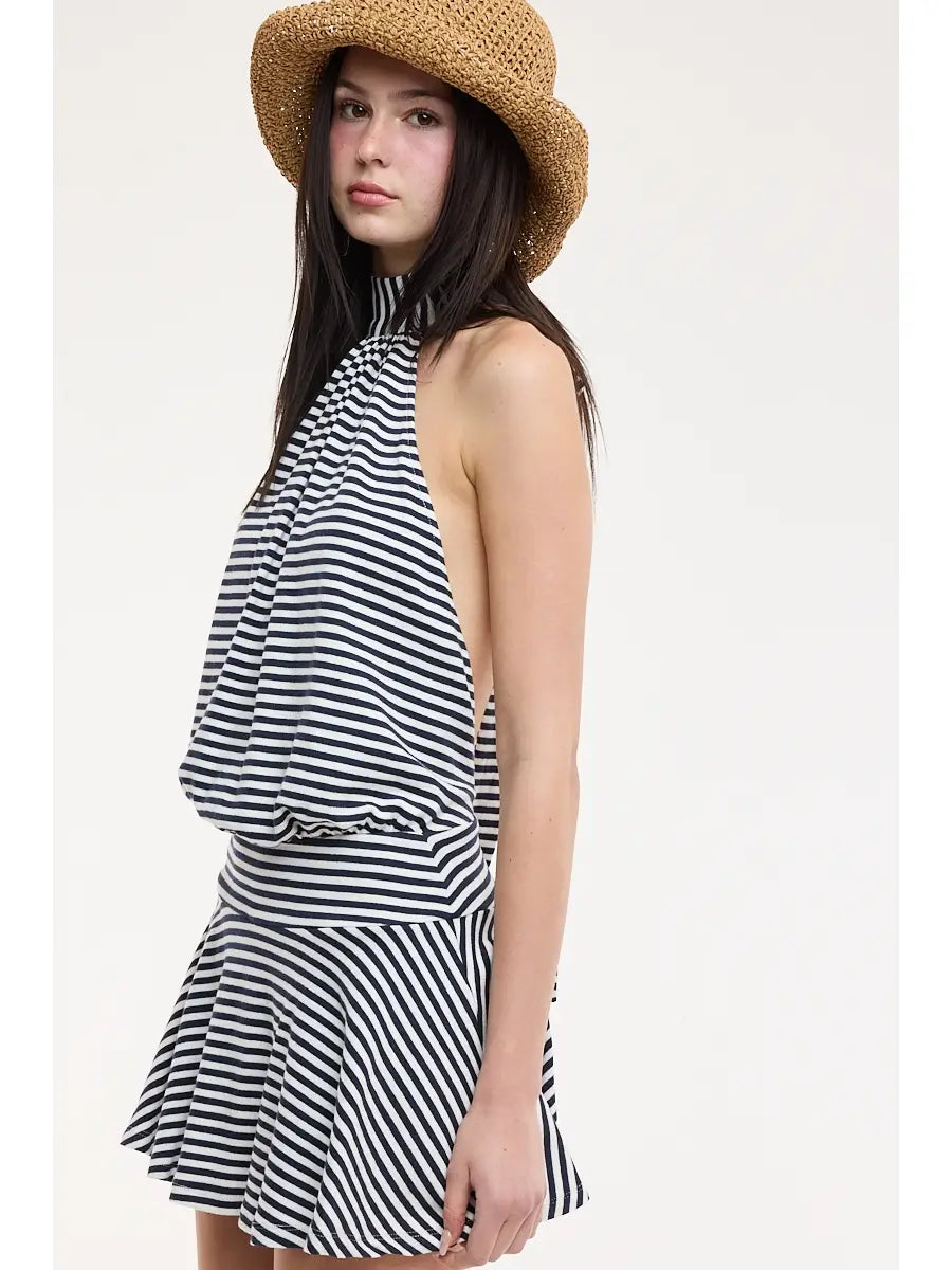 Sky To Moon Narrow Stripe Print Halter Tie Backless Mini Dress
