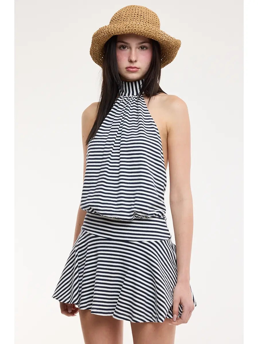 Sky To Moon Narrow Stripe Print Halter Tie Backless Mini Dress