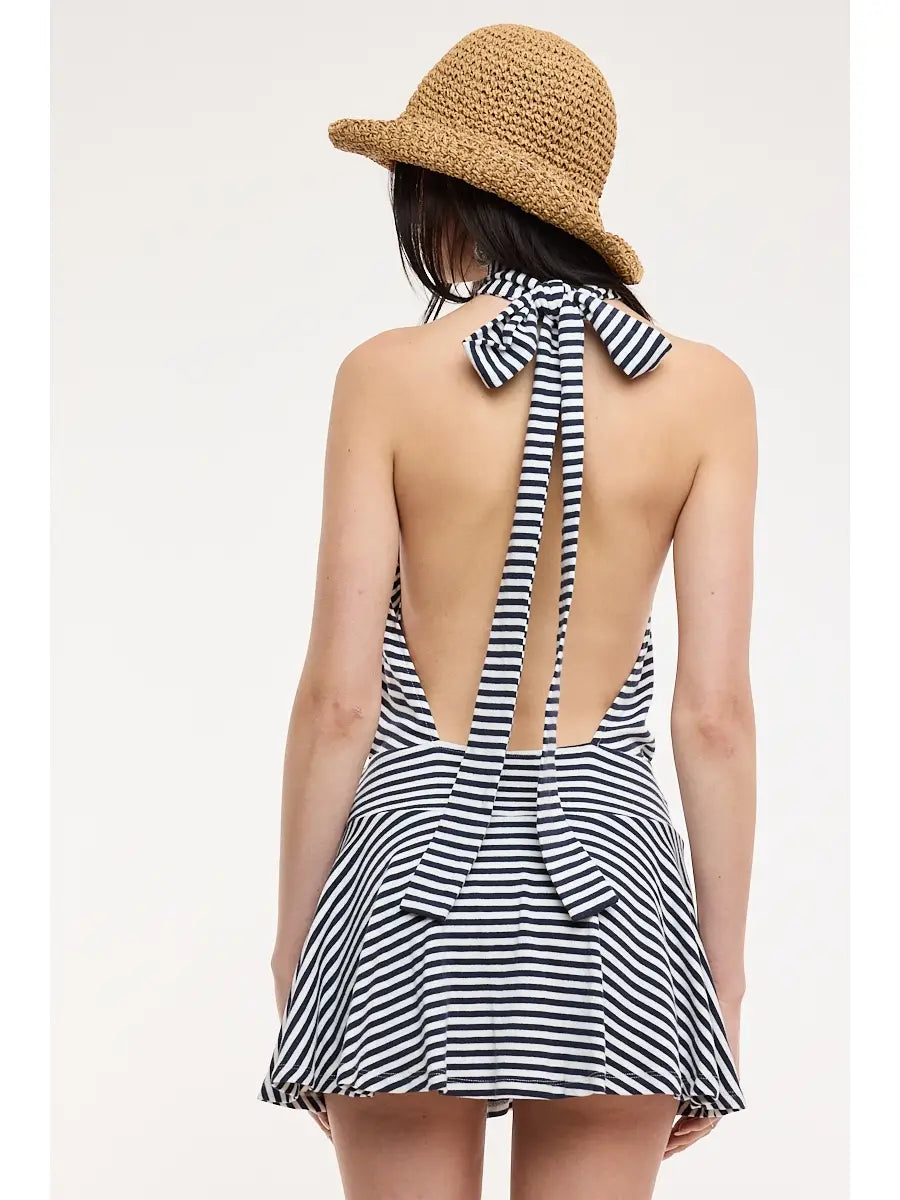 Sky To Moon Narrow Stripe Print Halter Tie Backless Mini Dress