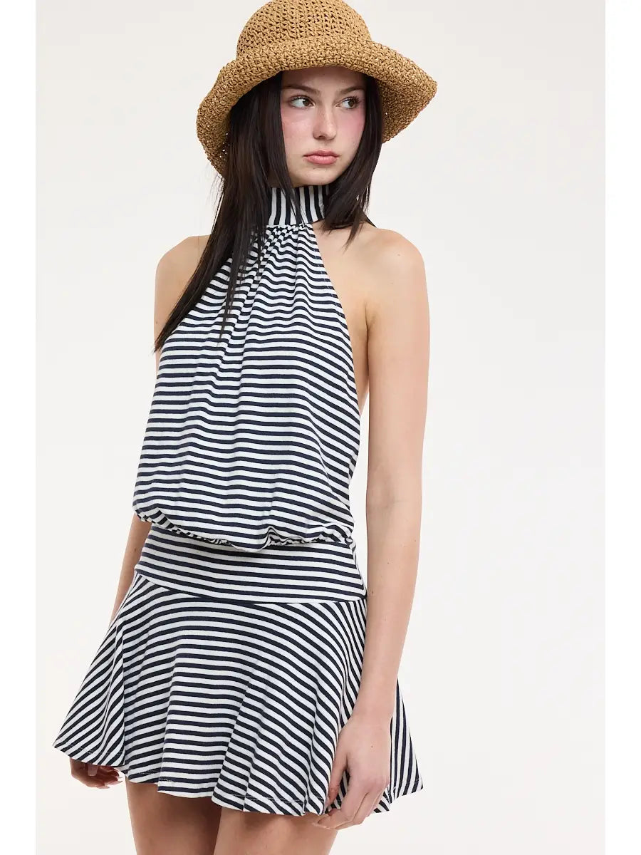 Sky To Moon Narrow Stripe Print Halter Tie Backless Mini Dress