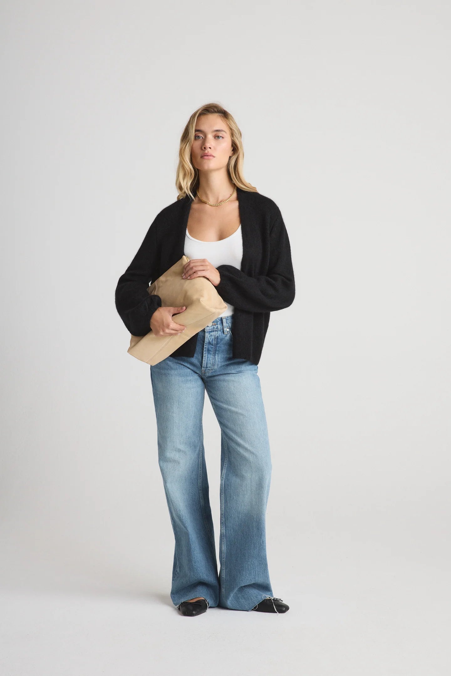 W Cashmere JUNIPER Balloon-sleeve Open Cardigan