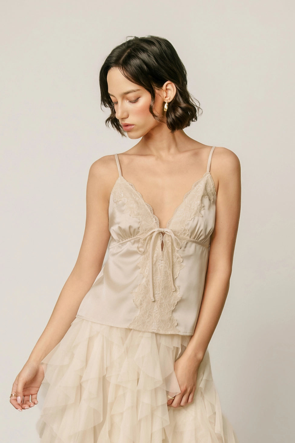 D Forum Satin Lace Tie Front Cami Top