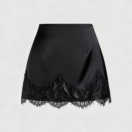 Remi B Satin A-Line Mini Skirt with Lace Hem